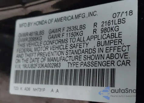 2019 Acura Tlx Standard from USA, damaged, VIN 19UUB2F33KA002963
